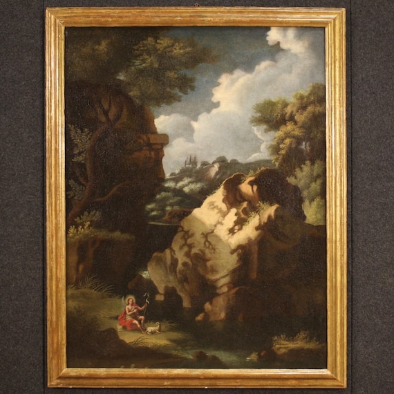 Antique religious painting Saint John Baptist framework oil on canvas landscape