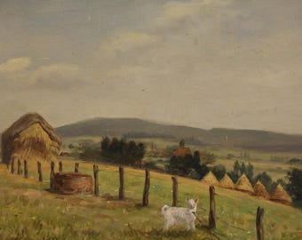 Signed painting artwork oil on board bucolic landscape art 20th century