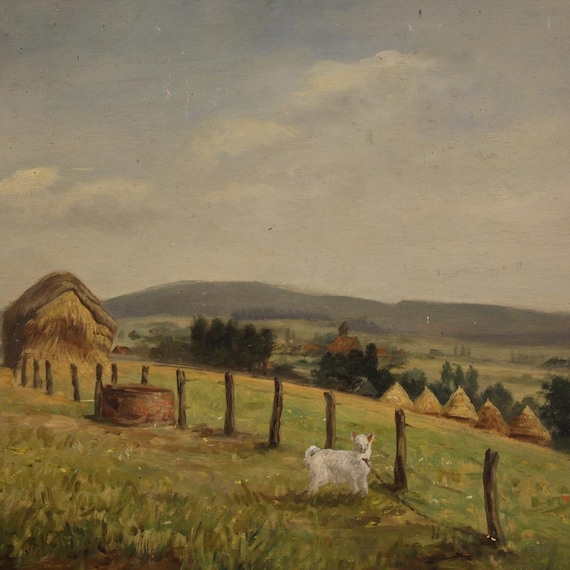 Signed painting artwork oil on board bucolic landscape art 20th century