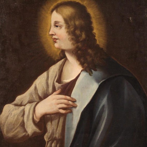 Antique religious painting 18th century 700 artwork oil on canvas bust Saint