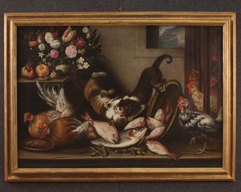 Still life ancien painting oil on canvas artwork animals cats fish flowers 700