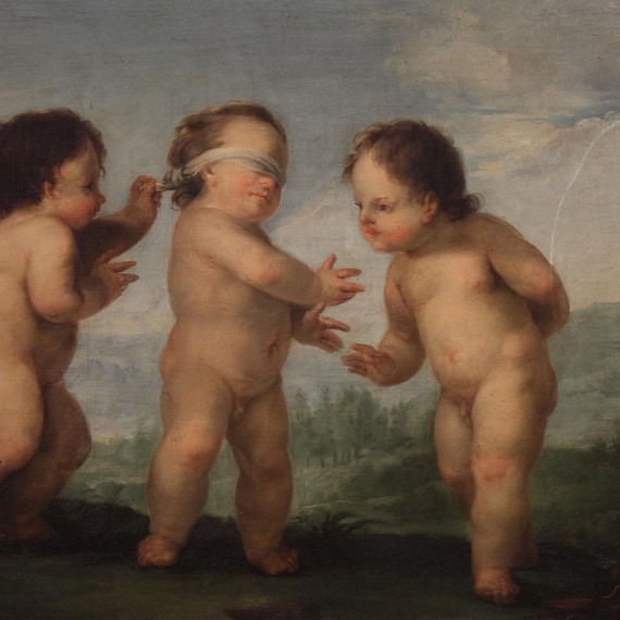 Game of Cherubs antique painting oil on canvas rococo artwork 18th century