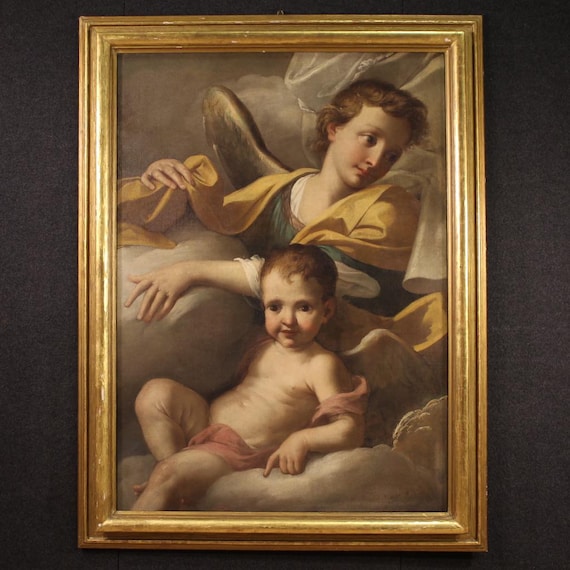 Great antique Italian artwork painting oil canvas Angels Cherubs 18th century
