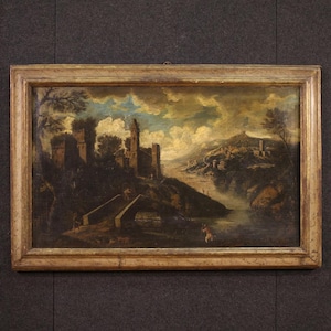 Antique painting Italian artwork oil canvas landscape architecture 18th century