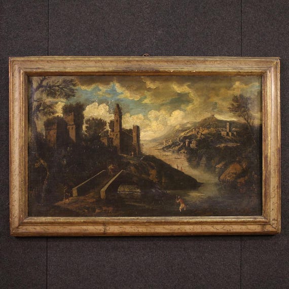 Antique painting Italian artwork oil canvas landscape architecture 18th century