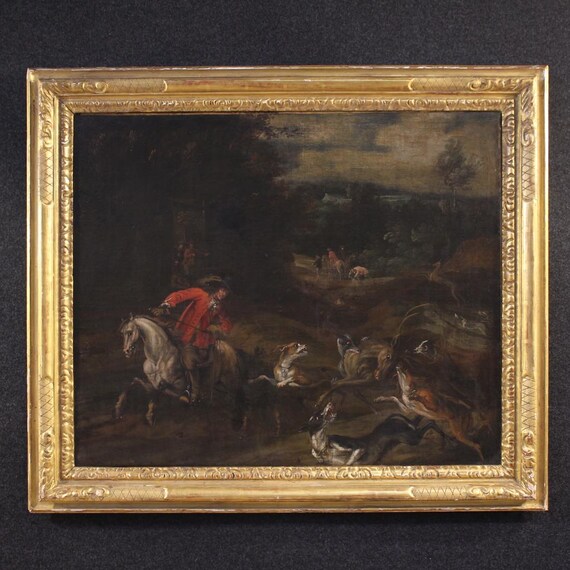 Antique Italian painting artwork oil on canvas deer hunting scene 18th century