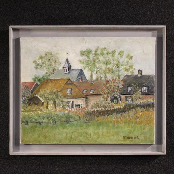 Painting oil on canvas Dutch artwork Impressionist style landscape houses 900
