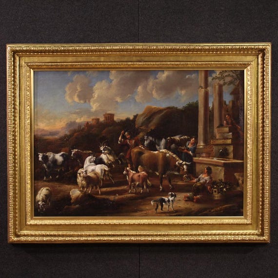 Antique painting scene genre animals oil canvas landscape artwork 18th century
