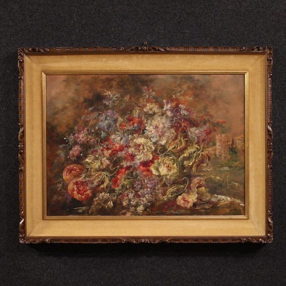 Italian painting oil on copper artwork still life with frame signed Antonioli
