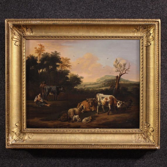 Antique Flemish painting artwork oil on canvas bucolic landscape 18th century
