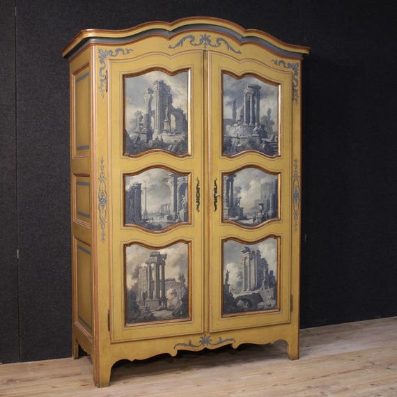 Small wardrobe furniture armoire cabinet lacquered painted gold 2 doors 900