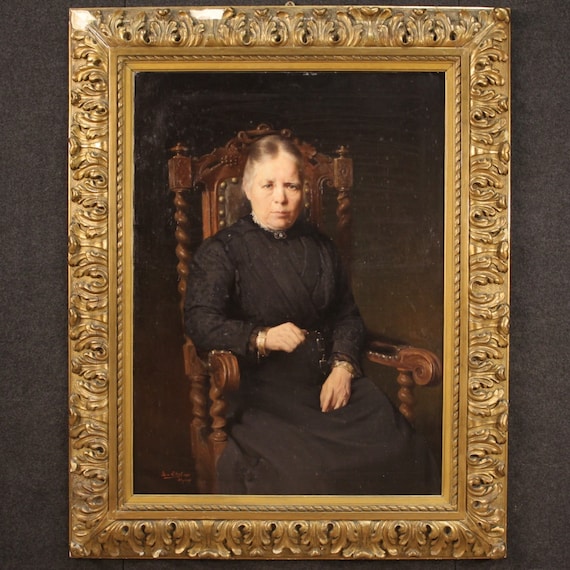 Woman portrait painting oil on canvas framework frame antique style signed