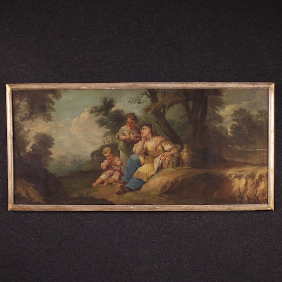 Antique painting French school artwork oil canvas rococo genre scene 18th cent