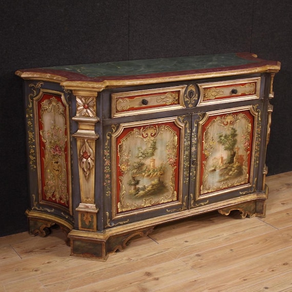Venetian sideboard furniture lacquered painted wood antique style 20th century