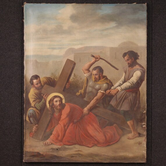 Via Crucis religious painting antique framework oil canvas Christ 19th century