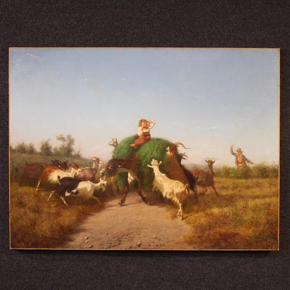 Italian painting artwork oil on canvas pastoral genre scene 19th century