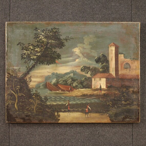 Antique painting seascape framework landscape oil on canvas 700 18th century