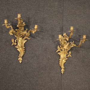 Pair of wall lamps in gold bronze antique style Louis XV 3 lights vintage 900
