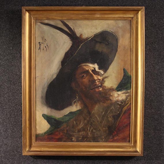 Antique signed painting Spanish artwork pirate portrait oil canvas 19th century
