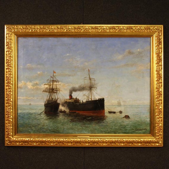 Great seascape signed dated 1895 painting oil on canvas artwork ships landscape