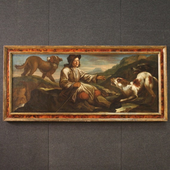 Antique Italian artwork shepherd with dogs painting oil on canvas 17th century