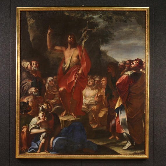 Sermon Saint John Baptist antique oil canvas painting religious 17th century