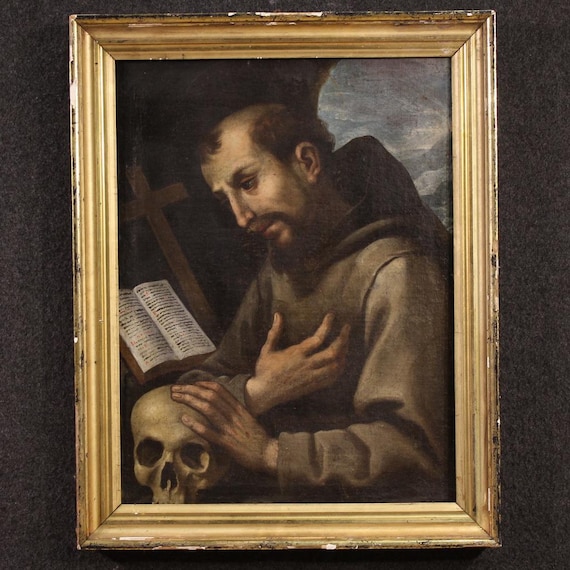 Saint Francis of Assisi religious painting oil canvas antique art 17th century
