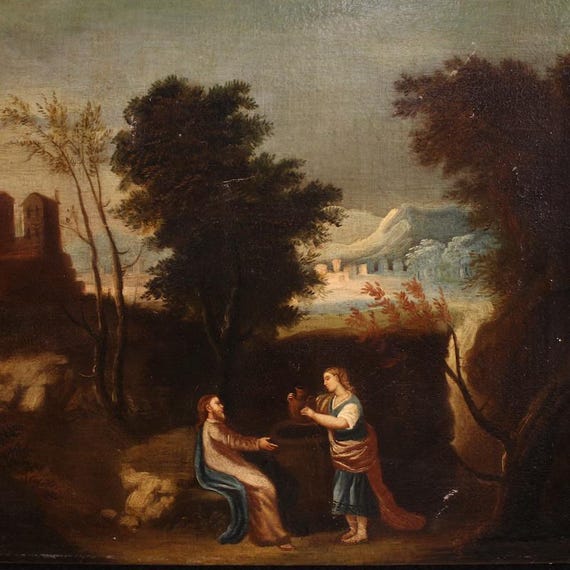 Antique Spanish painting religious artwork Jesus samaritan well 17th century