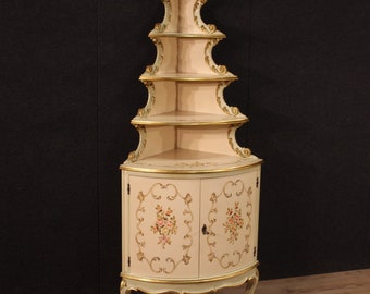 Armario esquinero de madera pintada dorada, aparador de estilo veneciano antiguo