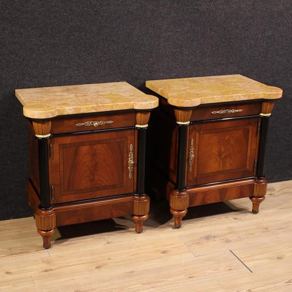 Pair of night stands 20th century Italian furniture wood marble bedside tables