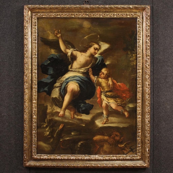 Tobias Angel Demon antique painting oil on canvas artwork art 17th century