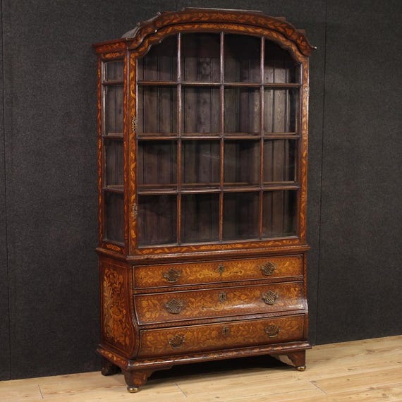 Antique display cabinet Dutch furniture bookcase inlaid wood 19th century
