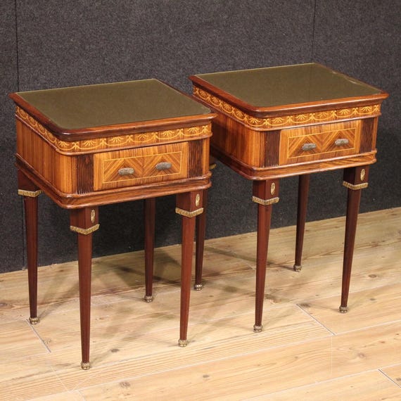 Pair of night stands furniture in wood glass top Italian bedside tables 900