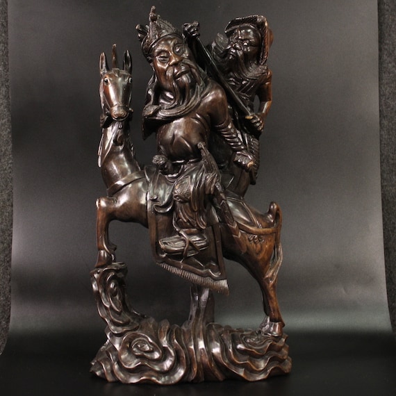Oriental sculpture in wood statue warrior horse art China 20th century