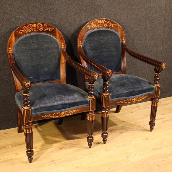 Pair of antique French armchairs chairs Charles X wood blue fabric 19th cent
