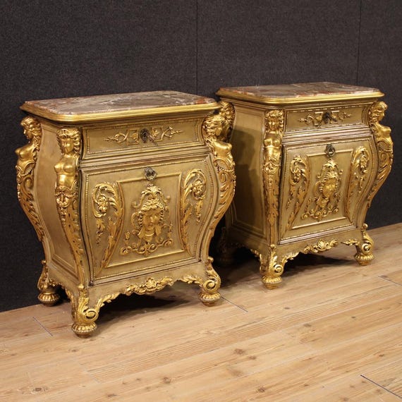Pair of Italian night stands furniture lacquered gold bedside tables marble 900