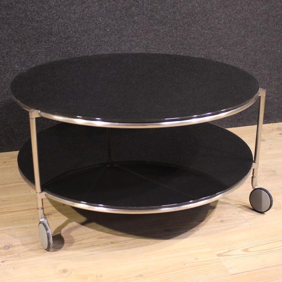 Living room coffee table on casters Italian modern 80s in metall and glass