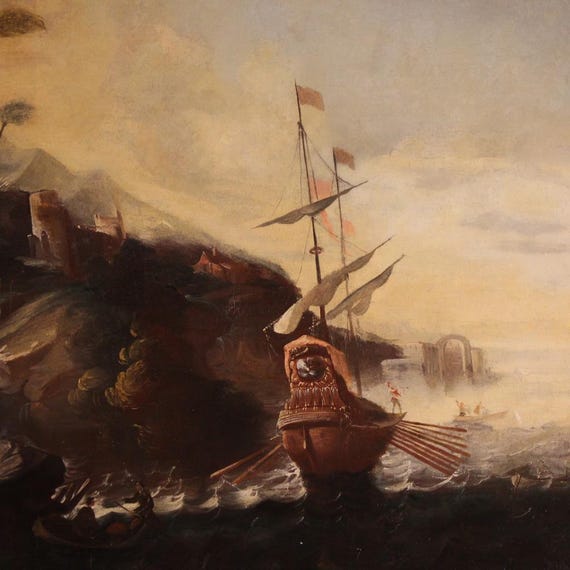 Antique seascape landscape galleon painting artwork oil canvas 18th century