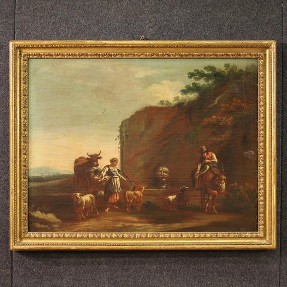 Roman school antique painting oil canvas artwork bucolic landscape 17th century