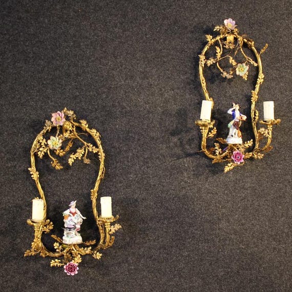 Pair 2 lights wall lamps lighting furniture bronze brass ceramic 20th century