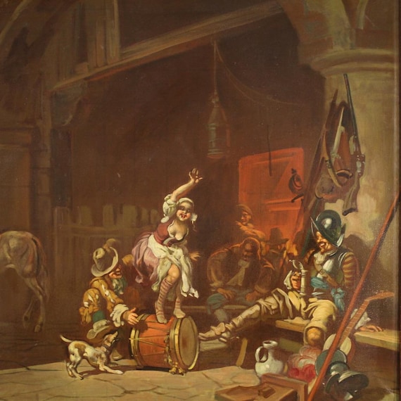 Mattia Traverso signed painting artwork oil canvas interior scene 20th century