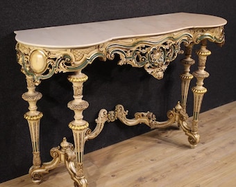 Console eclettica italiana laccata e dorata piano marmo tavolo mobile XX secolo