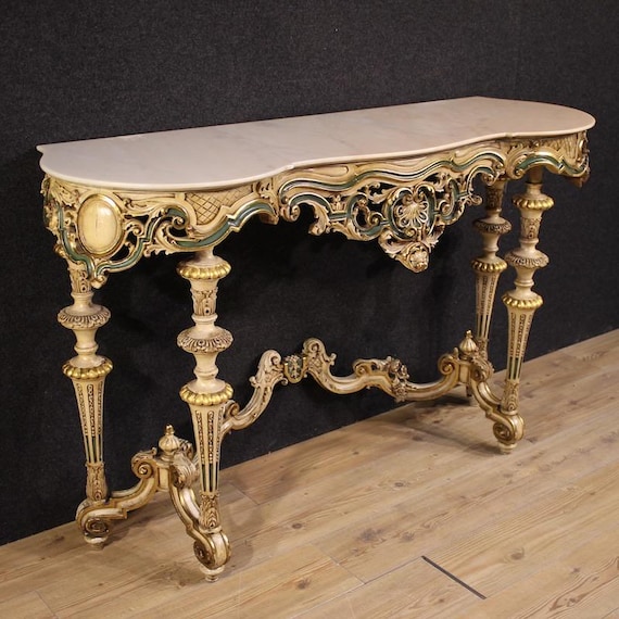 Eclectic Italian lacquered and gold console marble table furniture 20th century