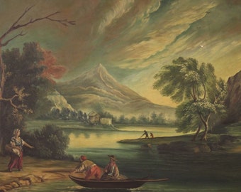 Tableau style ancien paysage personnages rivière peinture huile sur toile cadre