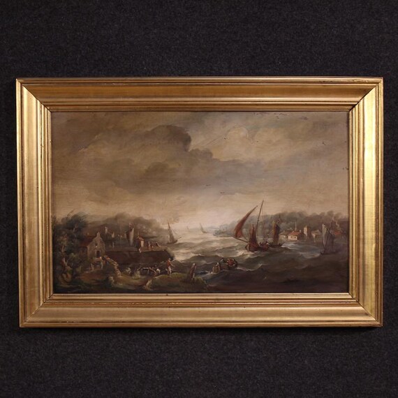 Flemish painting oil artwork landscape seascape boats figures 20th century