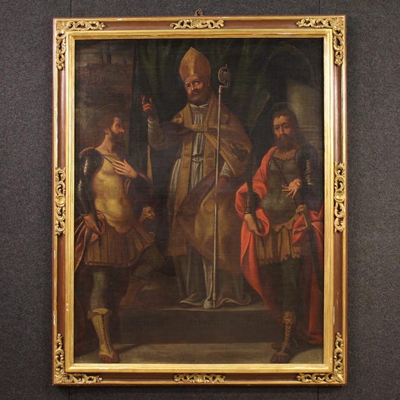 Antique religious painting artwork oil on canvas Lombard school Saints 17th