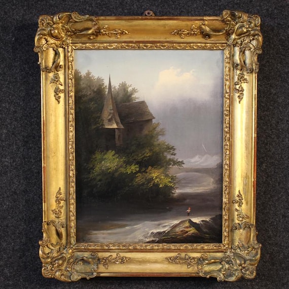 Painting signed Peyron romantic landscape painting oil on board 19th century