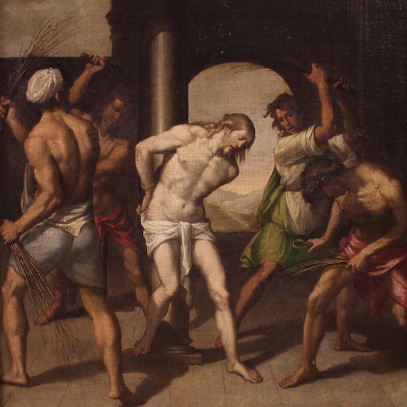 Flagellation Passion Christ oil painting on canvas antique art 17th century