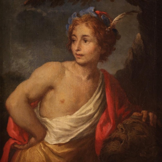 David with the Head of Goliath antique oil painting on canvas artwork 17th cent