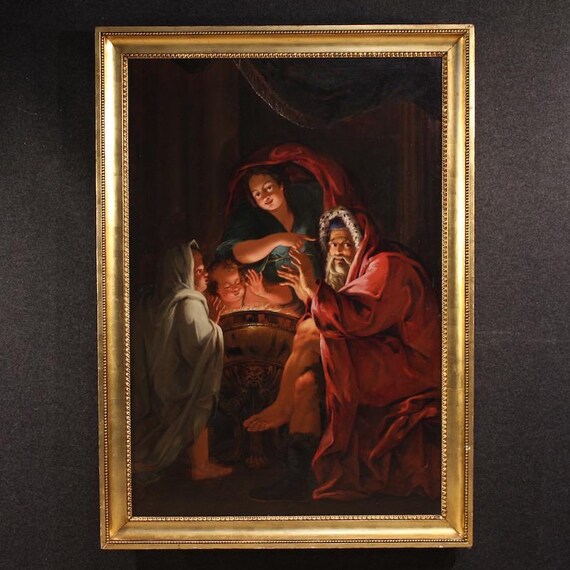 Antique painting winter allegory great artwork oil on canvas 18th century